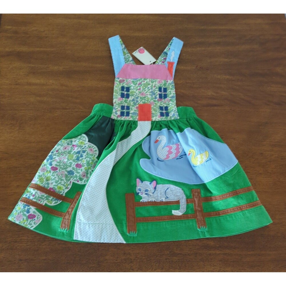 Mini Boden Girls Pond Scene Pinafore Dress - Iguana Green 5/6 NEW W Tags "RARE"